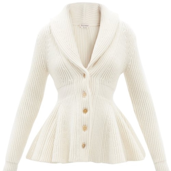 Alexander McQueen Sweaters - Alexander McQueen Ribbed Ivory Peplum Cardigan L